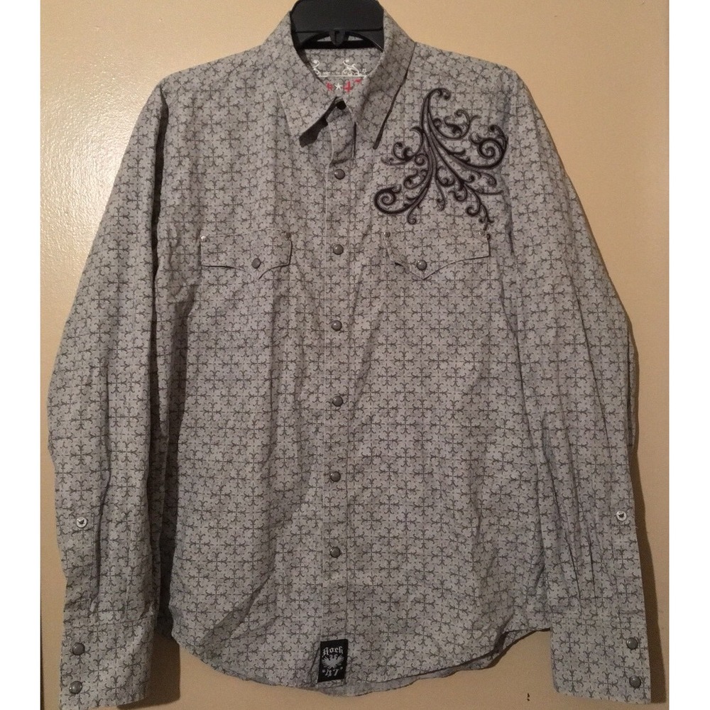 Rock 47 Wrangler Men's Medium Pearl Snap Geometric Embroidered Long Sleeve Shirt